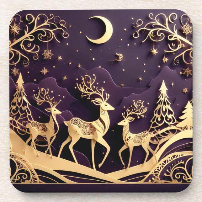 Violet Winter Whimsy – Moonlit Deer Christmas Coaster (Front)