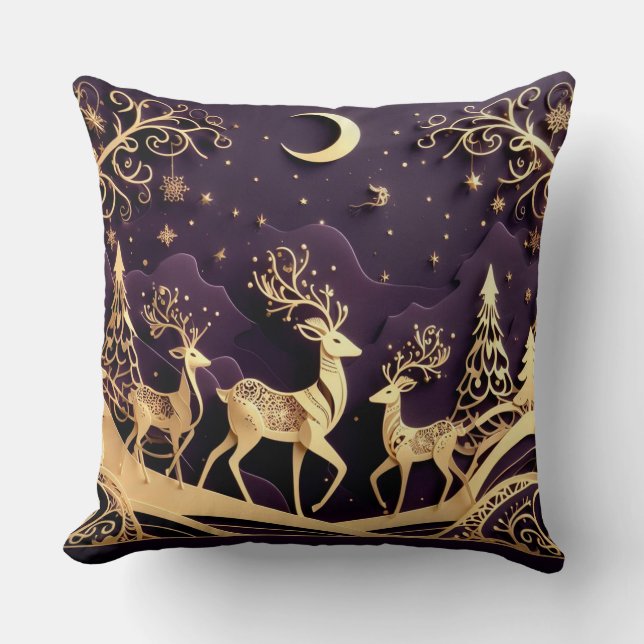 Violet Winter Whimsy – Moonlit Deer Christmas Cushion (Front)