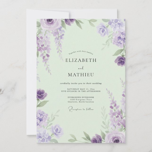 Violet Wisteria Mint Wedding Invitation (Front)