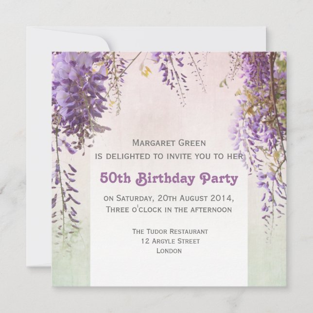 Violet wisteria personalised birthday invitation (Front)