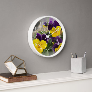 Violet yellow pansies clock