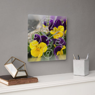 Violet yellow pansies square wall clock