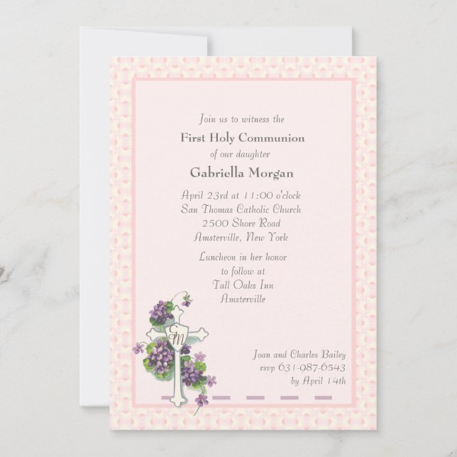Violets and Cross Religious Invitation (Front)