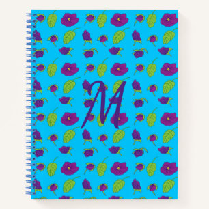 Violets and green leaves blue background monogram notebook