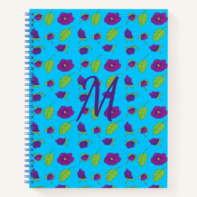 Violets and green leaves blue background monogram  notebook (Front)