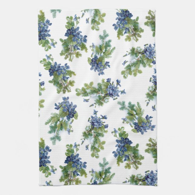 Violets and Snow Covered Pine Branches Tea Towel (Vertical)