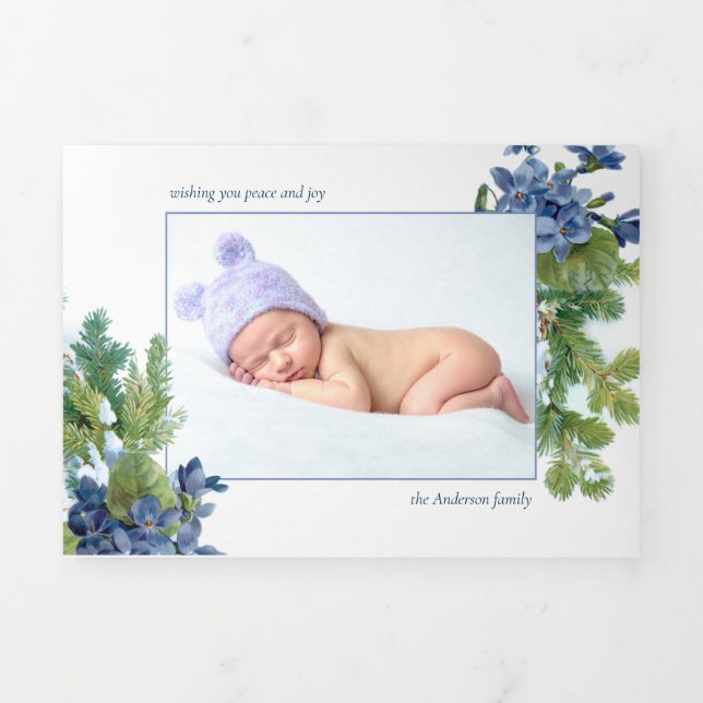 Violets and  Winter Pine Branches Photo Tri-Fold Holiday Card (Cover)