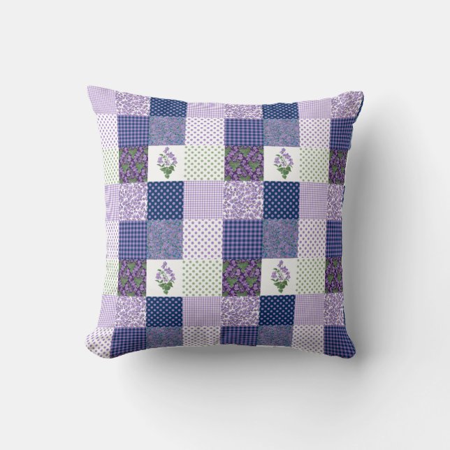 Violets Faux Patchwork with Checks and Polka Dots Cushion (Front)