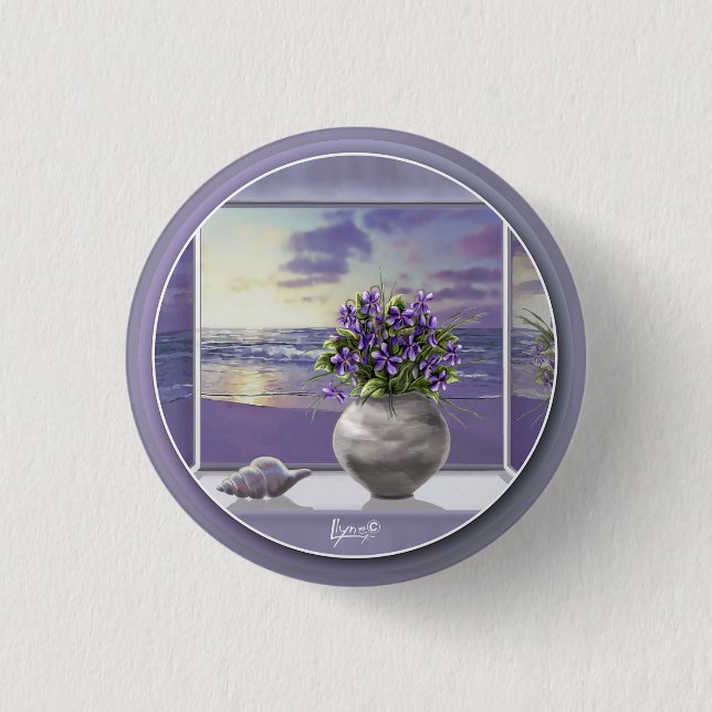 violets in a moon jar 3 cm round badge (Front)