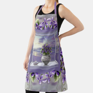 violets in a moon jar apron