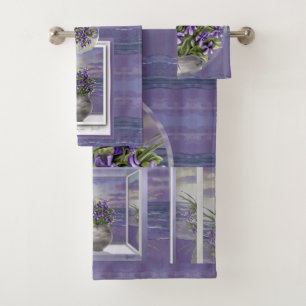 violets in a moon jar bath towel set
