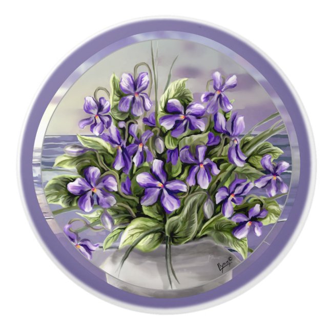 violets in a moon jar ceramic knob (Front)