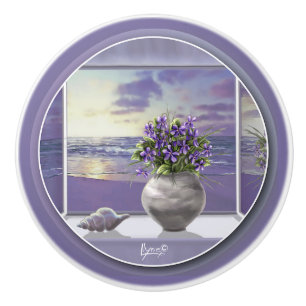 violets in a moon jar ceramic knob