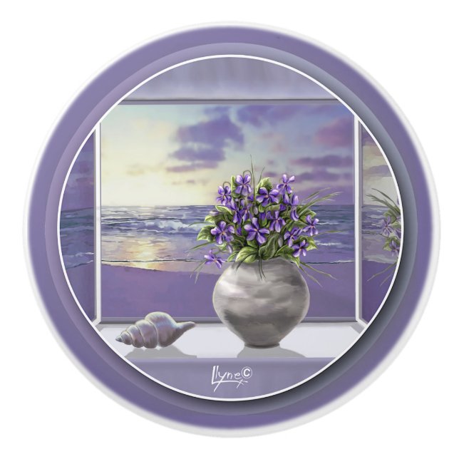 violets in a moon jar ceramic knob (Front)