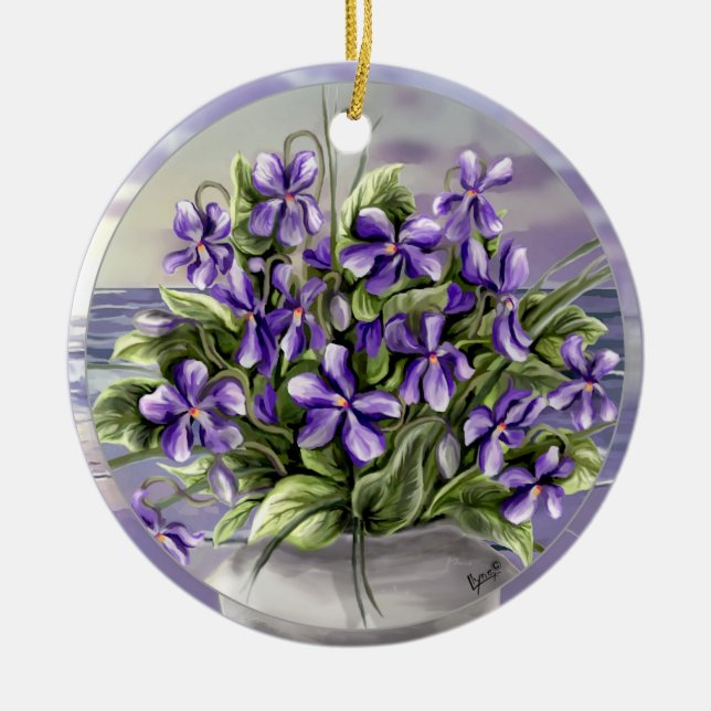 violets in a moon jar ceramic ornament (Front)