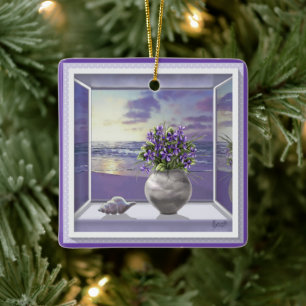 violets in a moon jar ceramic ornament