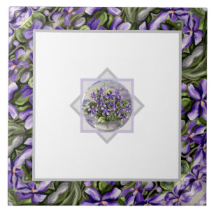 violets in a moon jar ceramic tile