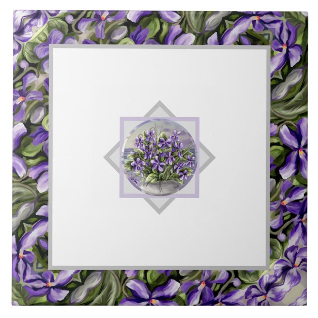 violets in a moon jar ceramic tile (Front)