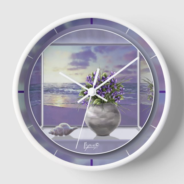 violets in a moon jar clock (Front)