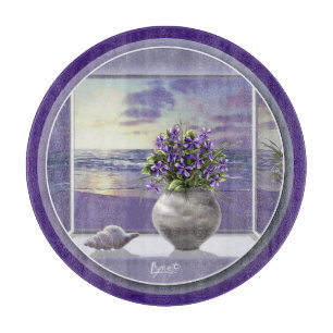 violets in a moon jar cutting board