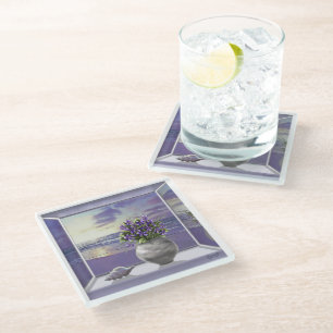 violets in a moon jar glass coaster