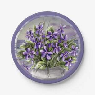 violets in a moon jar paper plate