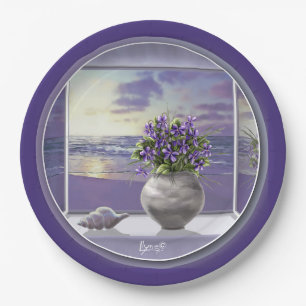 violets in a moon jar paper plate