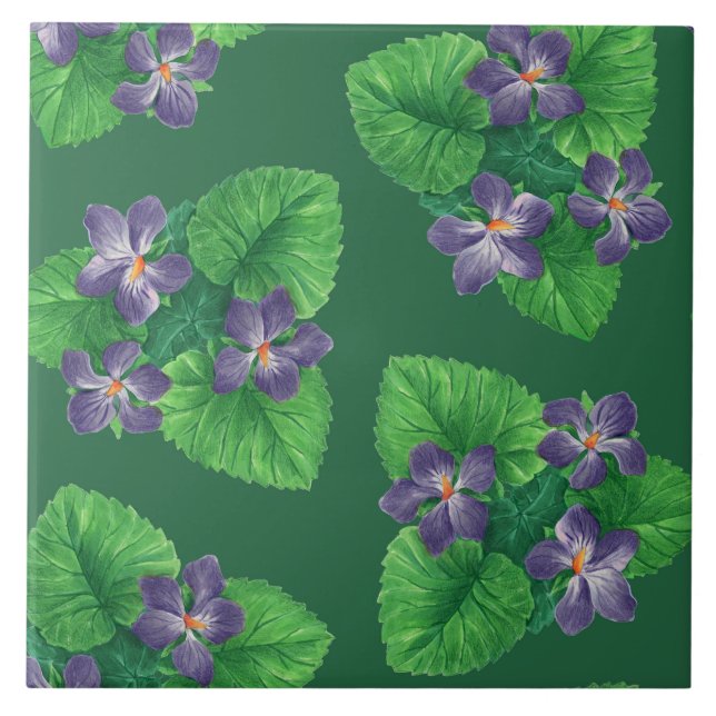 Violets on  emerald green ceramic tile (Front)