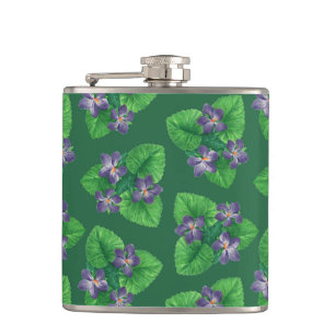 Violets on emerald green hip flask