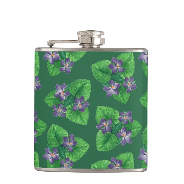 Violets on  emerald green hip flask (Front)