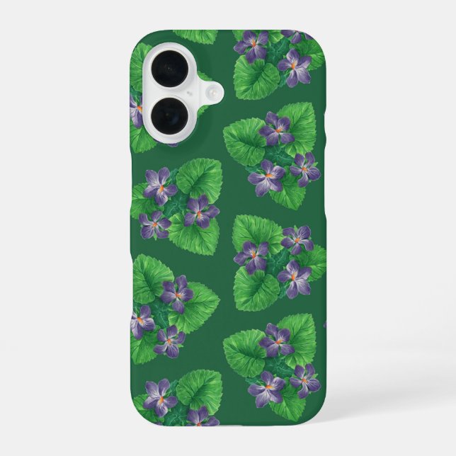 Violets on  emerald green iPhone 16 case (Back)