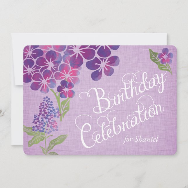 Violets on Lavender Linen Custom Birthday Invite (Front)