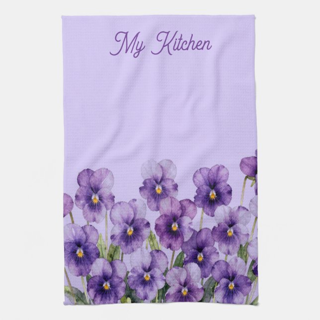 Violets on Lavender Personalized Kitchen Towel (Vertical)