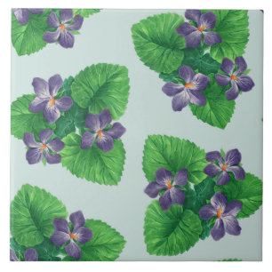 Violets on sea glass blue ceramic tile