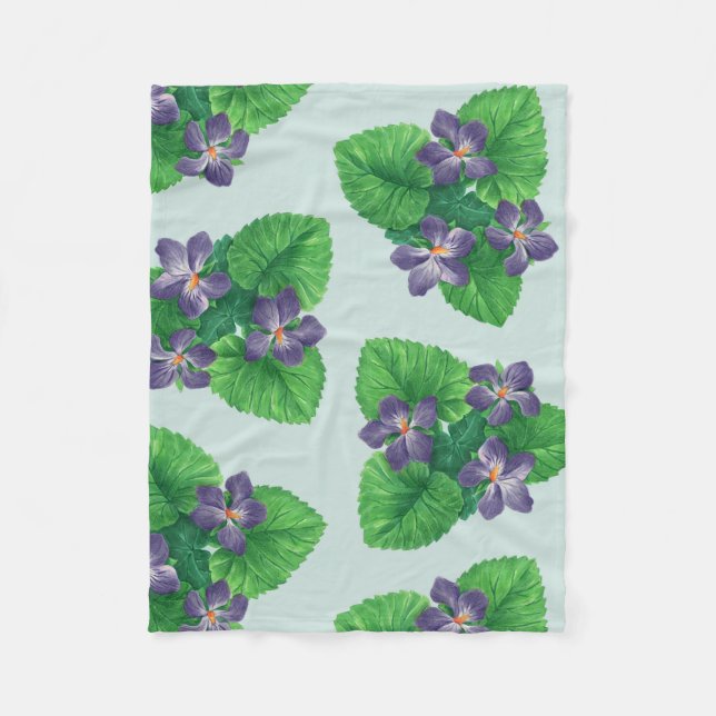 Violets on sea glass blue fleece blanket (Front)