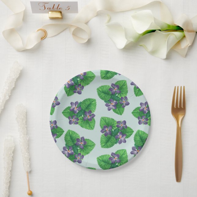 Violets on sea glass blue paper plate (Wedding)