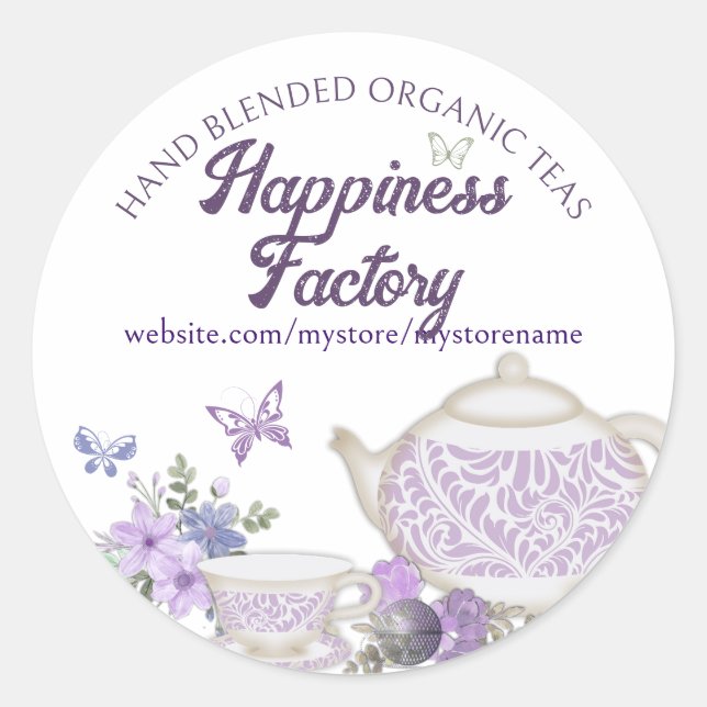 violets tea cup teapot hand blended teas tea party classic round sticker (Front)