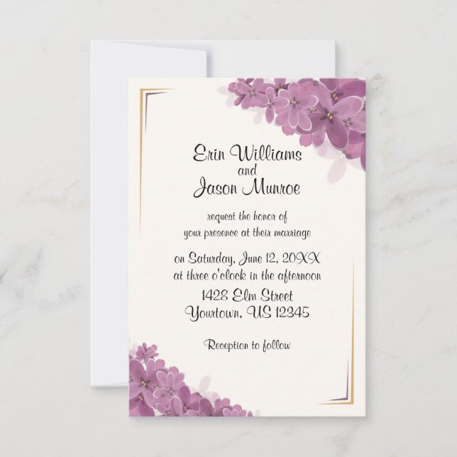 Violets with Gold Wedding Invitation (Front)