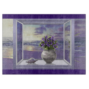 Violettes in a moon jar cutting board
