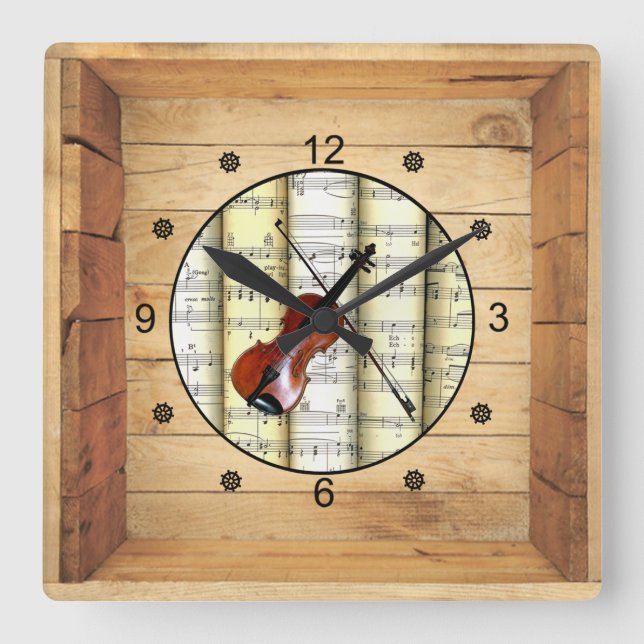 Violin ~ 3 Dimensional ~ Folk Art Box ~ Square Wall Clock (Front)