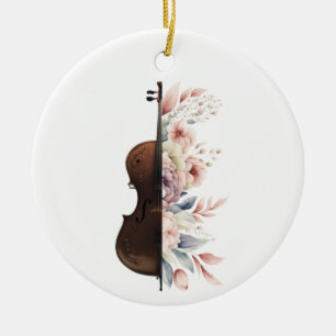 Violin among flowers. Bouquet of flowers. Ceramic Ornament