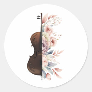 Violin among flowers. Bouquet of flowers. Classic Round Sticker