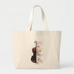 Violin among flowers. Bouquet of flowers. Large Tote Bag