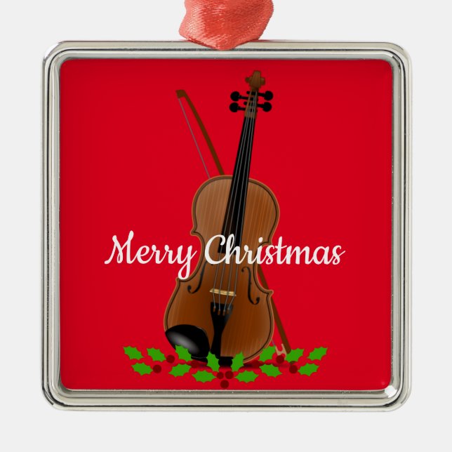 Violin and Bow Christmas Design Metal Ornament (Front)