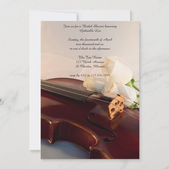 Violin and White Rose Flowers Bridal Shower Invitation (Front)