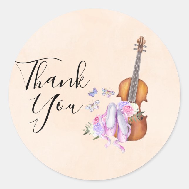 Violin, Ballet Shoes and Butterflies Thank You Classic Round Sticker (Front)