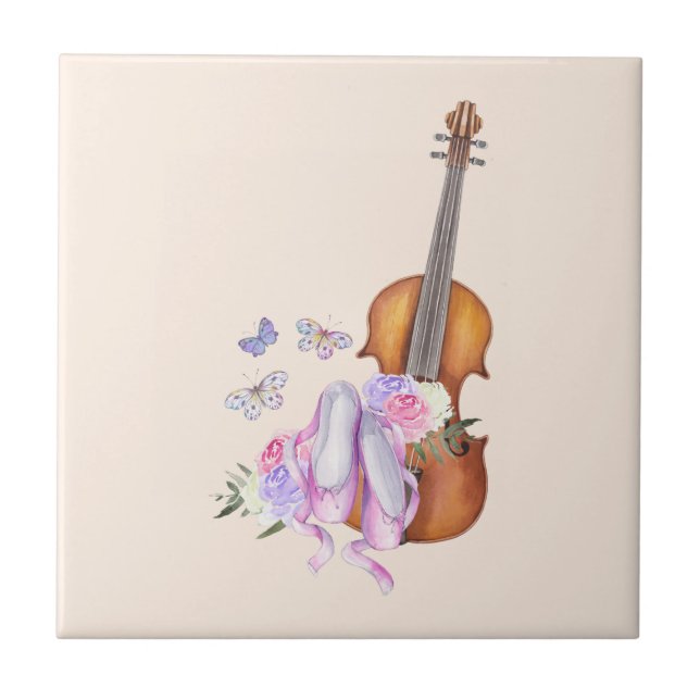 Violin, Ballet Shoes, Flowers and Butterflies Ceramic Tile (Front)