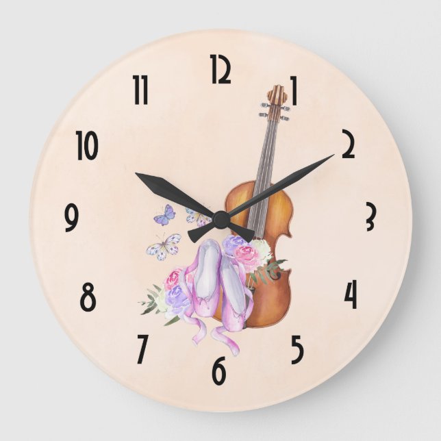 Violin, Ballet Shoes, Flowers and Butterflies Large Clock (Front)