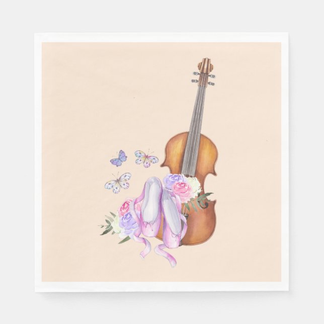 Violin, Ballet Shoes, Flowers and Butterflies Napkin (Front)