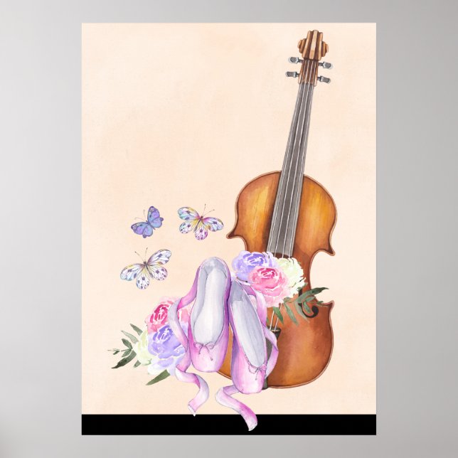 Violin, Ballet Shoes, Flowers and Butterflies Poster (Front)